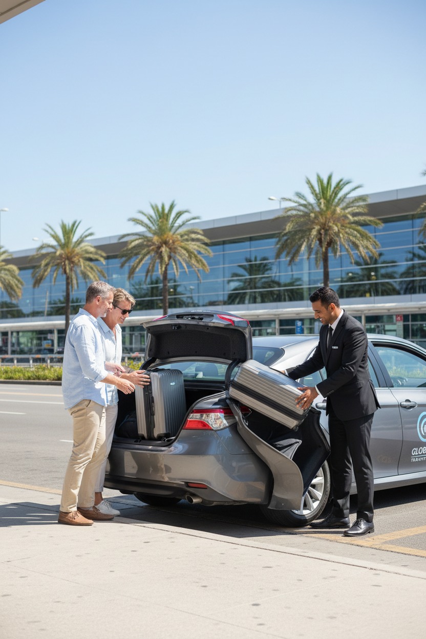 Un conductor con traje ayuda a una pareja a cargar su equipaje en el maletero de un coche frente a una terminal de aeropuerto con palmeras.