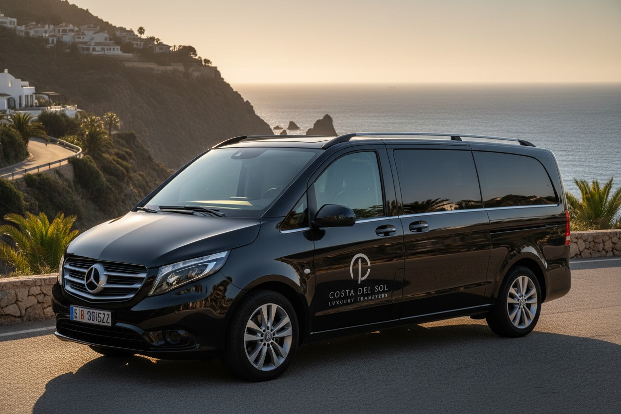 Una furgoneta negra de lujo de la marca Mercedes-Benz aparcada en una carretera costera al atardecer.