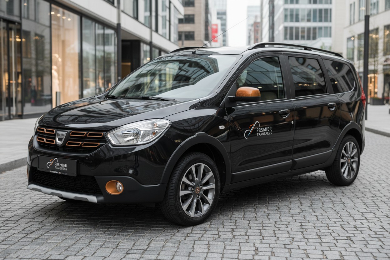 Monovolumen negro de la marca Dacia con el logotipo de Premier Transfers estacionado en una calle adoquinada rodeada de edificios modernos.